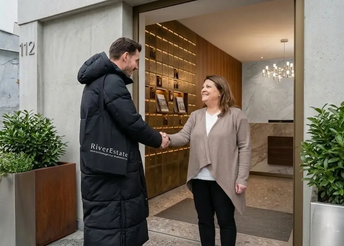 Immobilienmakler begrüßt Eigentümerin vor einer Immobilie in Düsseldorf