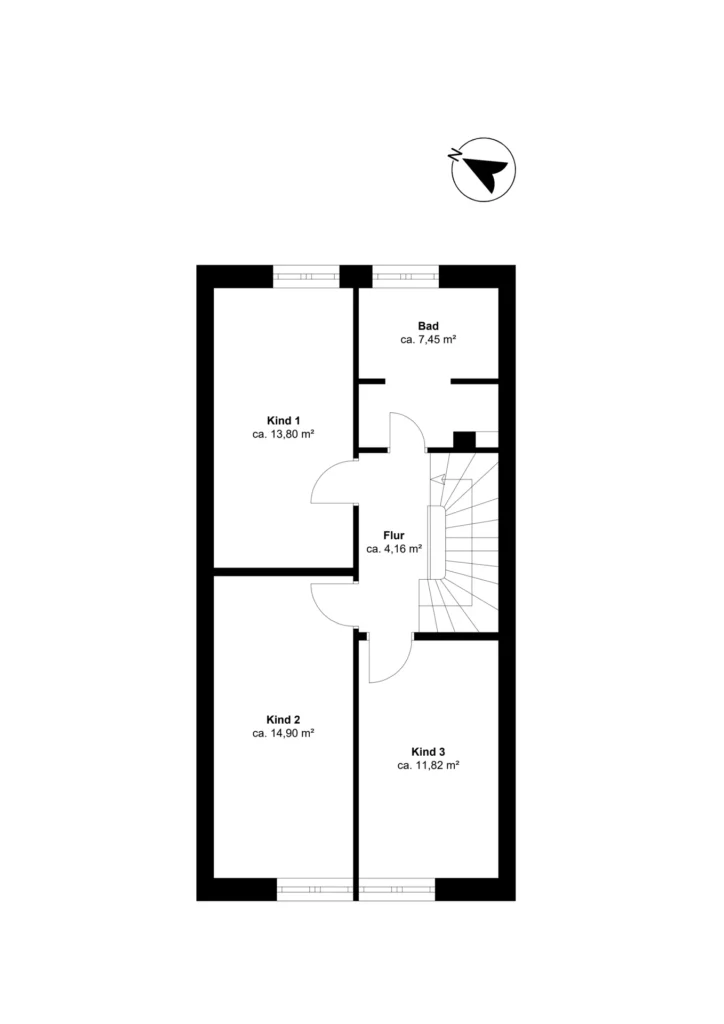 Grundriss Obergeschoss mit drei Kinderzimmern und Badezimmer