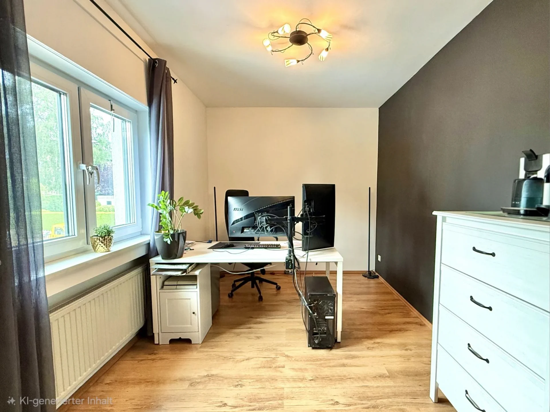 Helles Arbeitszimmer im ersten Obergeschoss mit Fenster und Arbeitsplatz