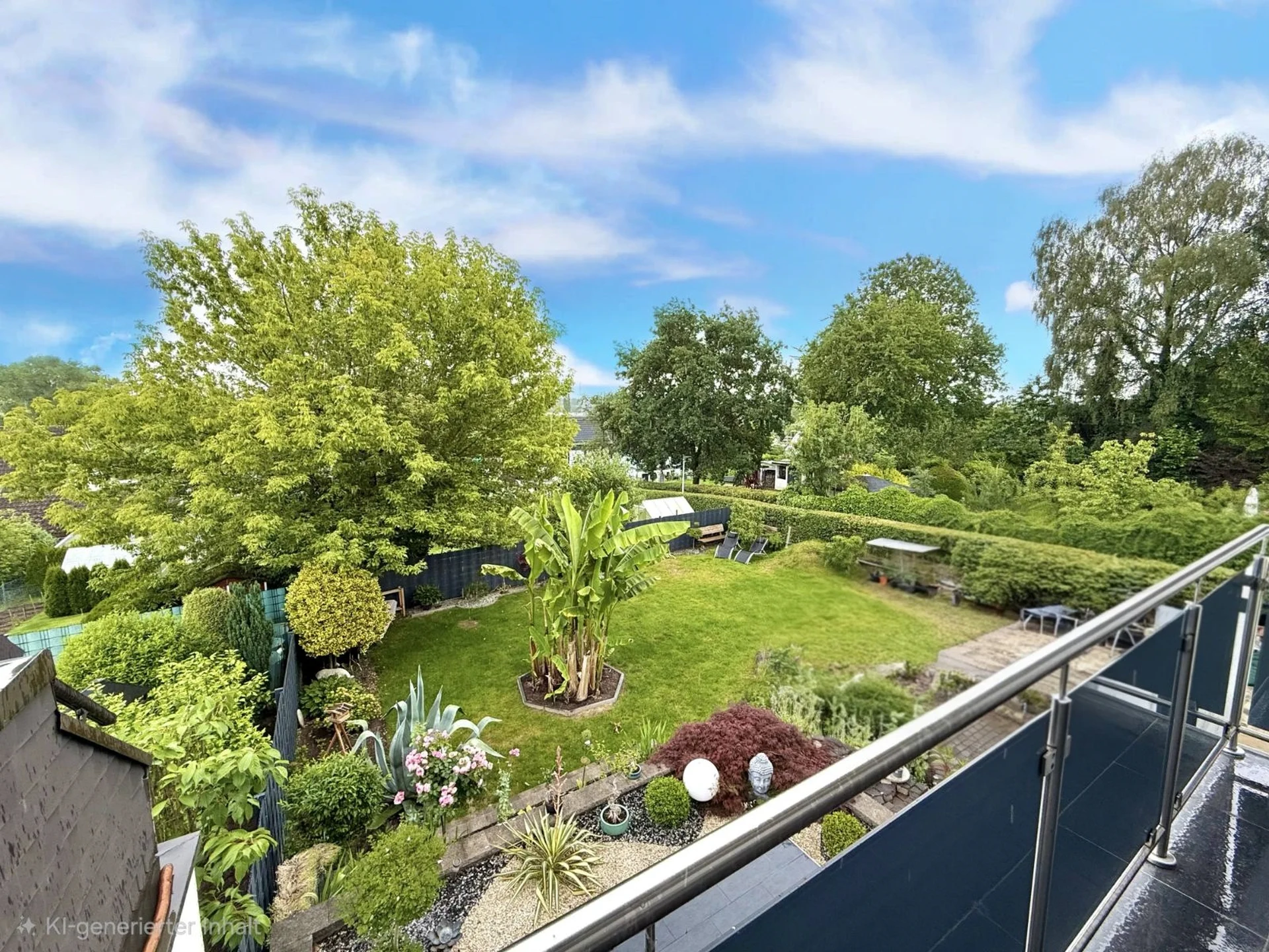 Ausblick vom Balkon auf den gepflegten Garten