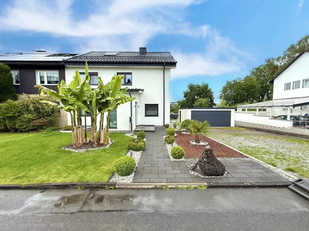 Moderne Hausansicht mit gepflegtem Vorgarten und gepflastertem Eingangsweg
