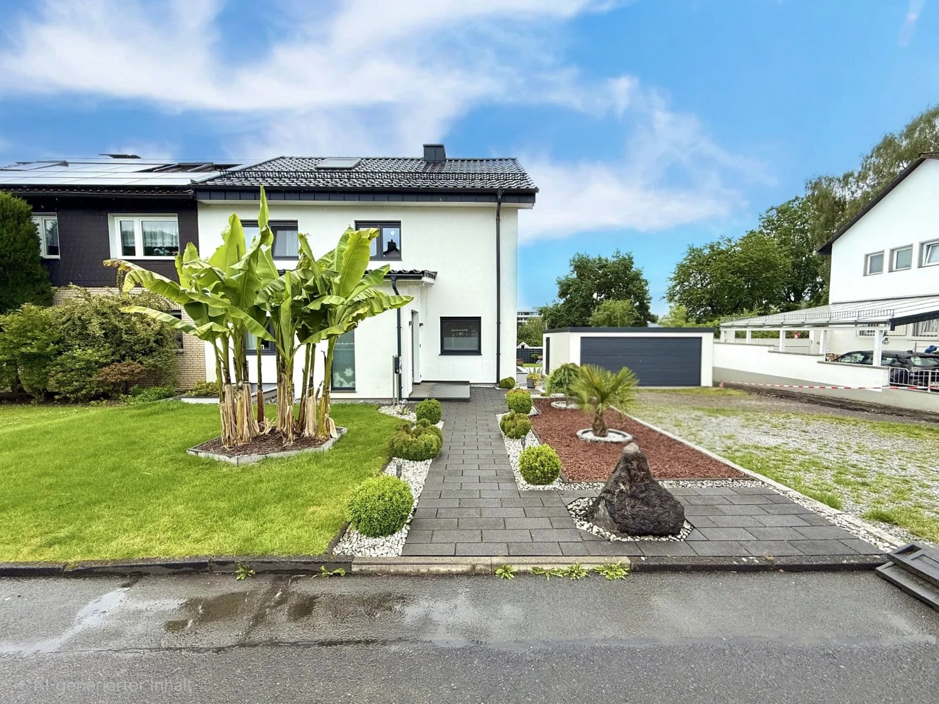 Moderne Hausansicht mit gepflegtem Vorgarten und gepflastertem Eingangsweg