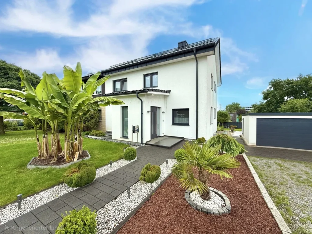 Hausansicht mit modernem Eingangsbereich, Vorgarten und gepflastertem Weg